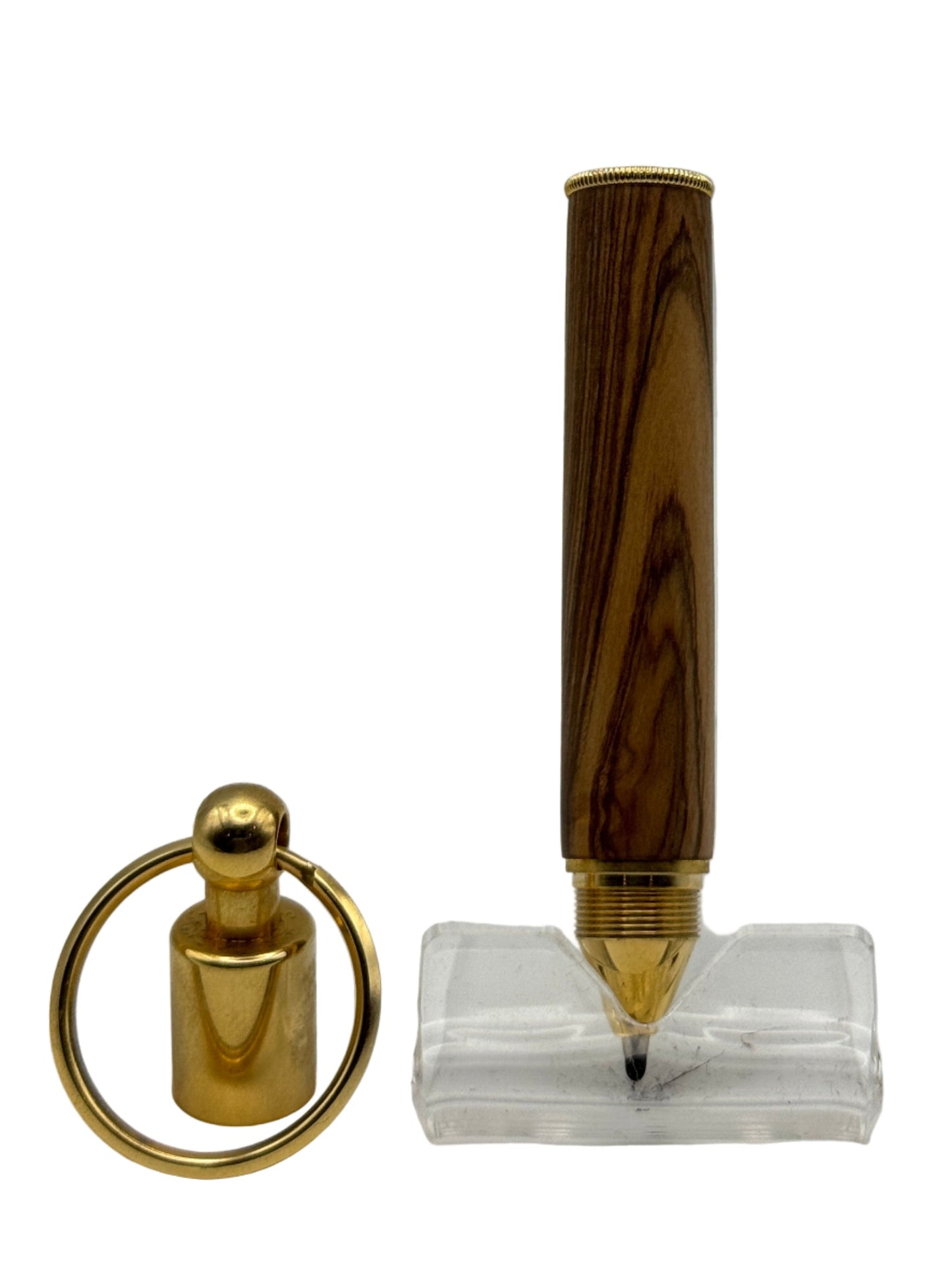 Keyring pen with olivewood handle and gold keyring accessory
